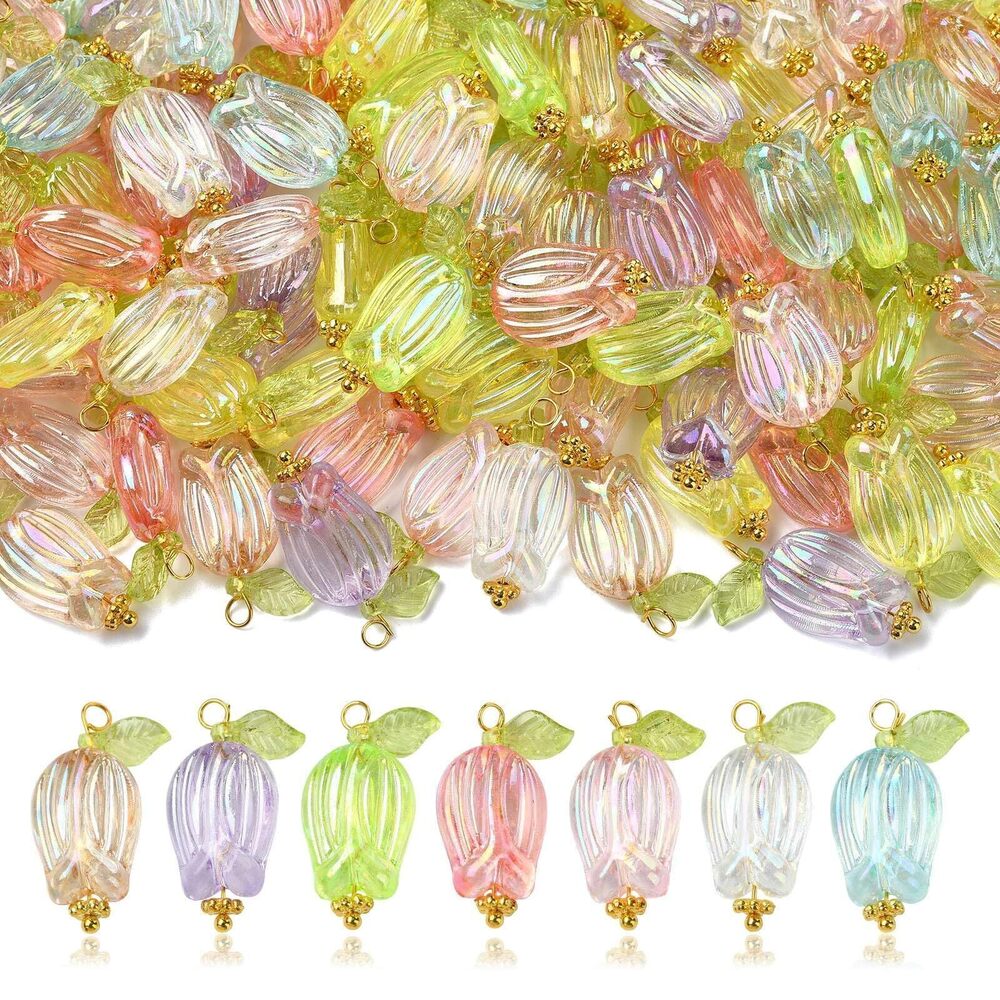 5180 200 Pcs Mixed Colors Tulip Flower Charms Pendants Floral with Green
